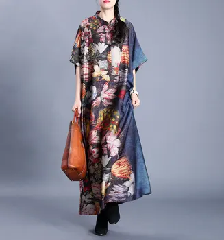 

Literary Printing Loose Elegant Female Dress 2020 Summer New Chinese Style Retro Stand Collar Five Point Sleeve Silk Long Dress