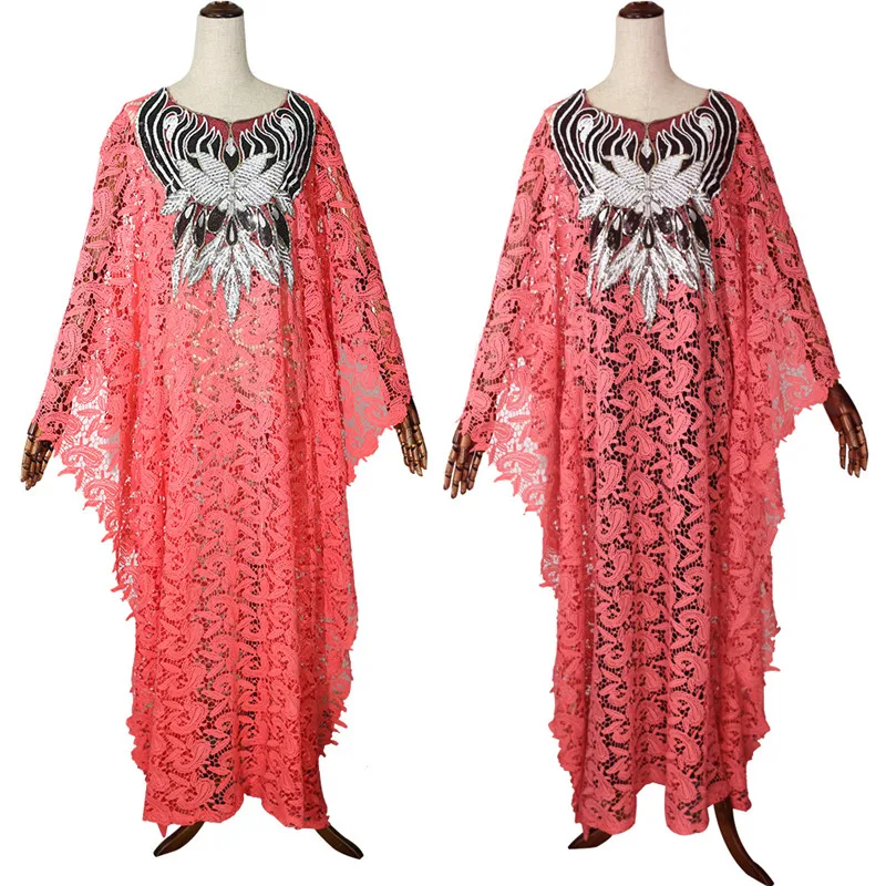 African Dresses for Women Sexy Water-soluble Lace beads embroidery Loose Dress Matching with Camisole Robe Africaine Plus Size