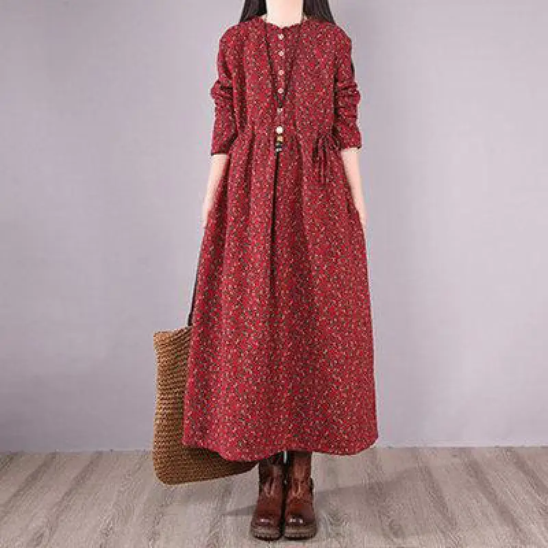 

2023 Autumn & Winter New Loose Slimming Leisure Art Lace-up Waist Plus Velvet Dress Simple Women Floral Dress Tide Free Shipping