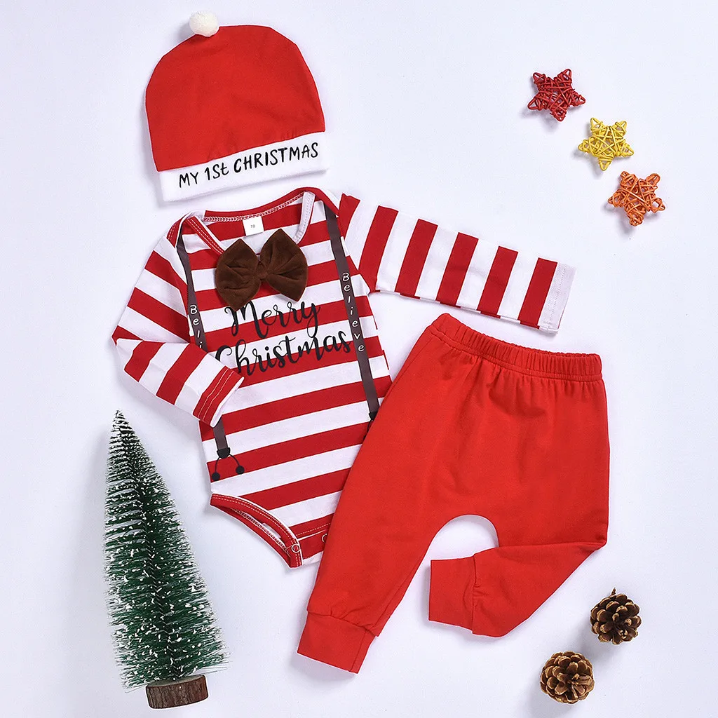 Рождественские комплекты одежды для маленьких мальчиков и девочек; комбинезон с надписью «my first christmas»; боди; штаны; шапки; Одежда для новорожденных; комплекты одежды