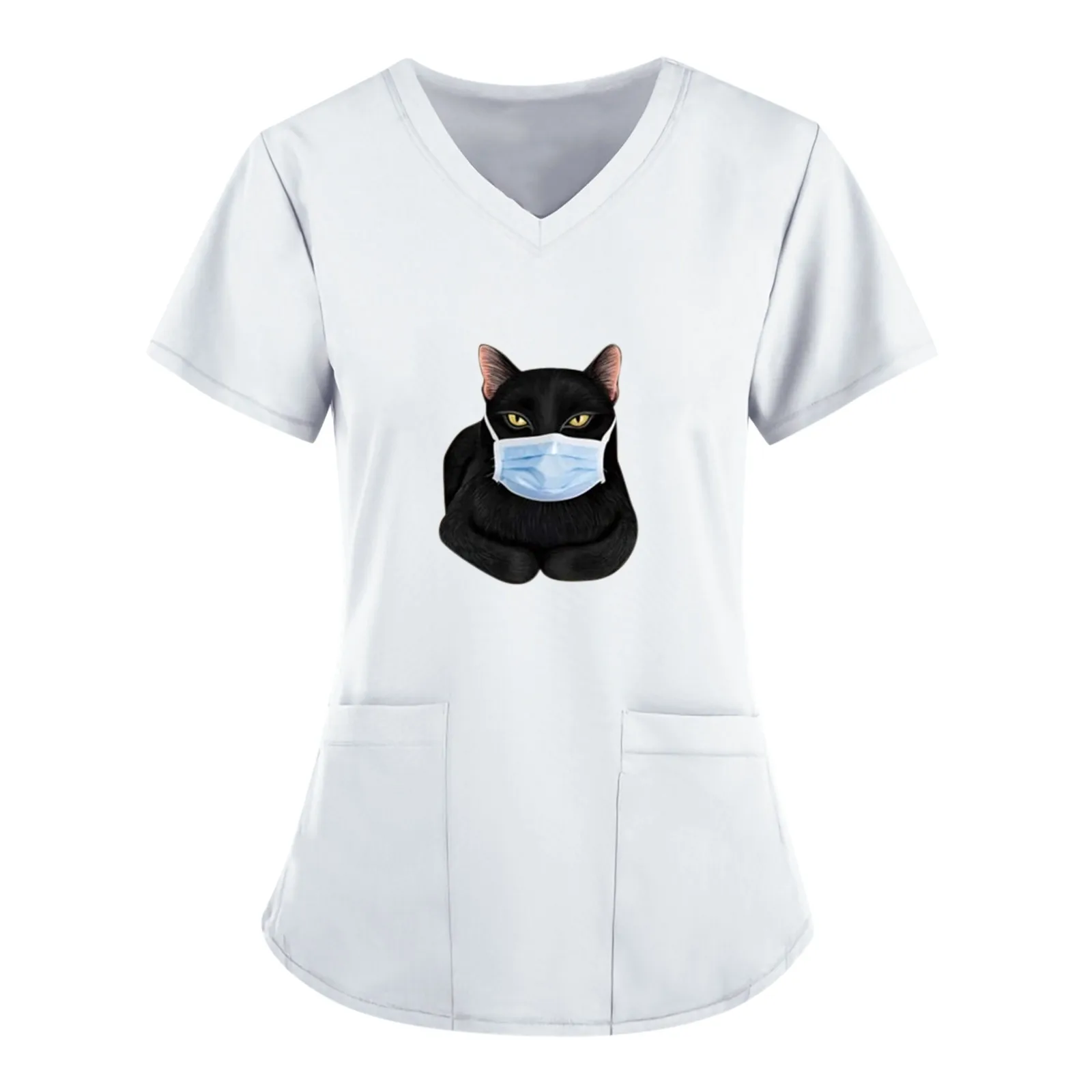 

Black Cat Print Nursing Scrubs Tops Women T Shirt Casual Short Sleeve Scrubs Uniforms Nurse V-neck Pocket Blouse Carer Clothes