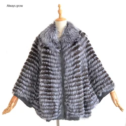 Real Fur Coat Women Fur Coat Silver Fox Fur Jacket Outwear Bat Sleeve One Size Striped