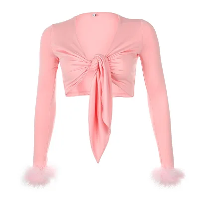 Модный стильный сексуальный розовый меховой бандажный кардиган, укороченный топ, осень, женские облегающие Топы с длинным рукавом и v-образным вырезом в стиле пэчворк, модная уличная одежда - Цвет: Розовый