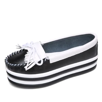 

2020 New Spring High Quality Women Flats Platform Shoes Soft Leather Tassel Slip-on Round Toe Creeper Black Brogue Loafers Brand