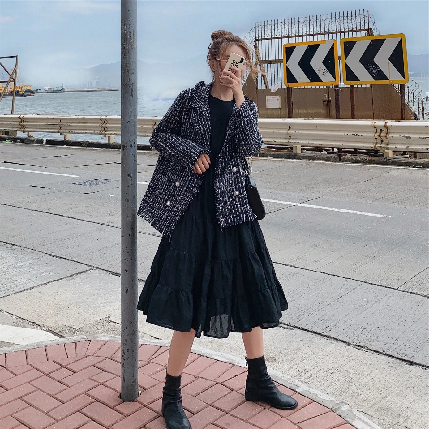

2019 Autumn New Style Korean-style Versitile Fashion Casual Slimming Elegant Double Breasted Tweed Graceful Cropped Jacket