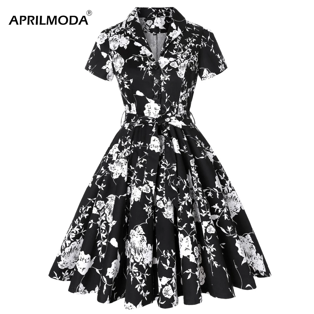 Women Vintage 1950s Tunic Dresses Floral Print Party Dress Black Robe Female Retro Short Sleeve Christmas Winter Women Dresses