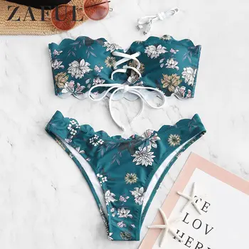 

ZAFUL Floral Lace-Up Scalloped Bandeau Bikini Swimsuit Women Wire Free High Cut Bikini Sets Wire Free Padded Summer Swimwear
