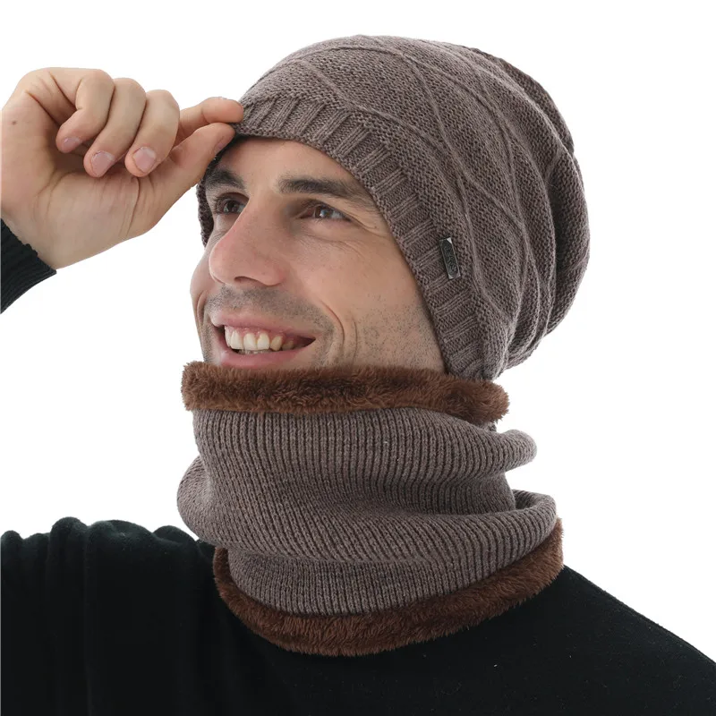 hat scarf set kakhi Xthree зимние шапочки вязаные шапочки шерстяные вязаные шапки шарф с подкладкой мужские шапочки зимние шапки для мужчин шапочки - Цвет: hat scarf set kakhi