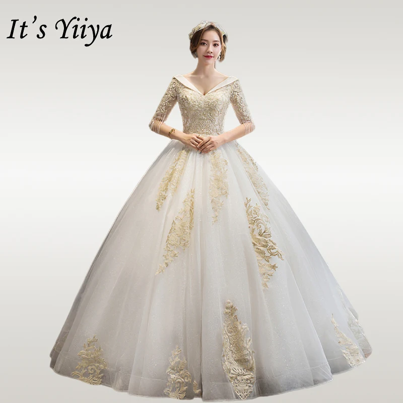 

It's YiiYa Wedding Dresses Elegant Gold Lace Beading Tassel Wedding Dress Plus Size OY038 Sweetheart Long Vestido De Novia
