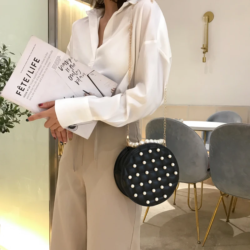 

Texture French Small Women's Bag 2019 New Fashion Fashion Shoulder Bag Wild Chain Slanting Girl Pearl Zip Round Bag Pu