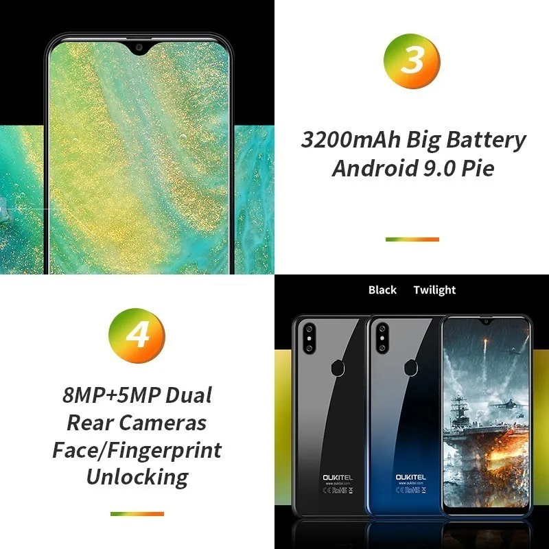  OUKITEL C15 Pro+ 6.088'' Water Drop Screen 4G Smartphone Android 9.0 3GB+32GB Fingerprint cell phon