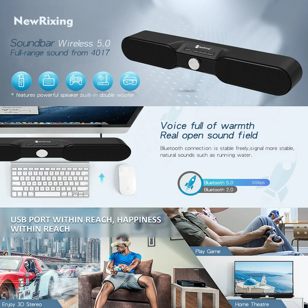 Bluetooth Speaker Soundbar 3D Surround Sound Audio Home Theater Wireless TWS-Connection TV PC Phone Audio Speaker