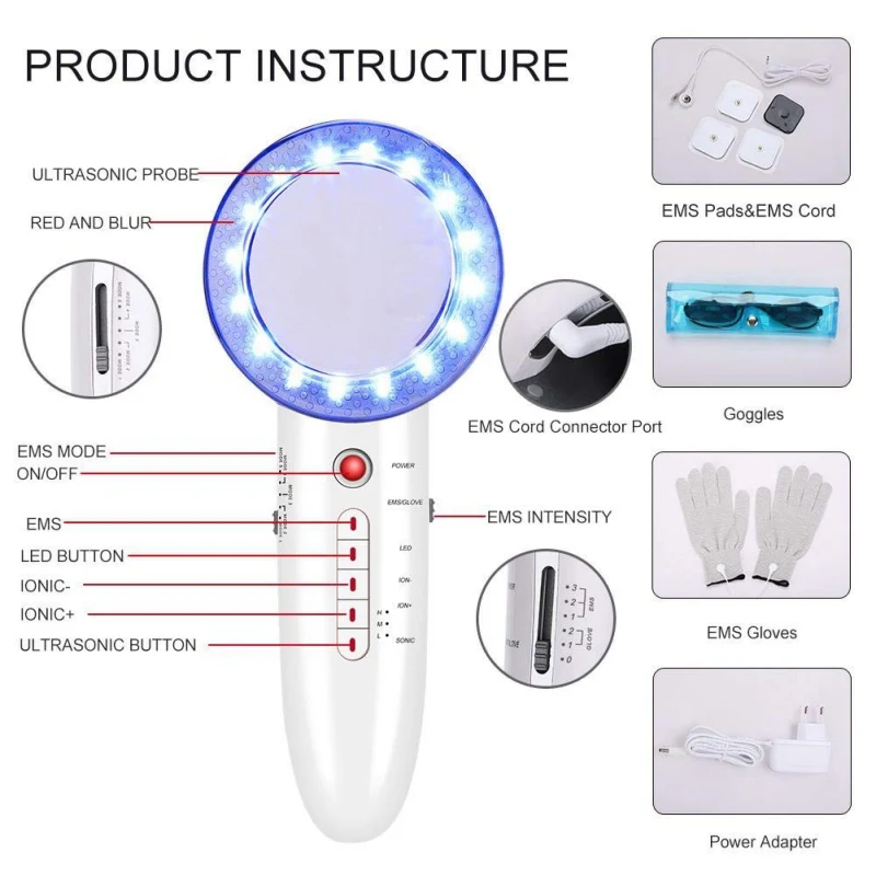  6 in1 Pro Ultrasonic Massager which contains Red/Blue Light LED EMS Massager Face Massage Skin Body - 4000120256576