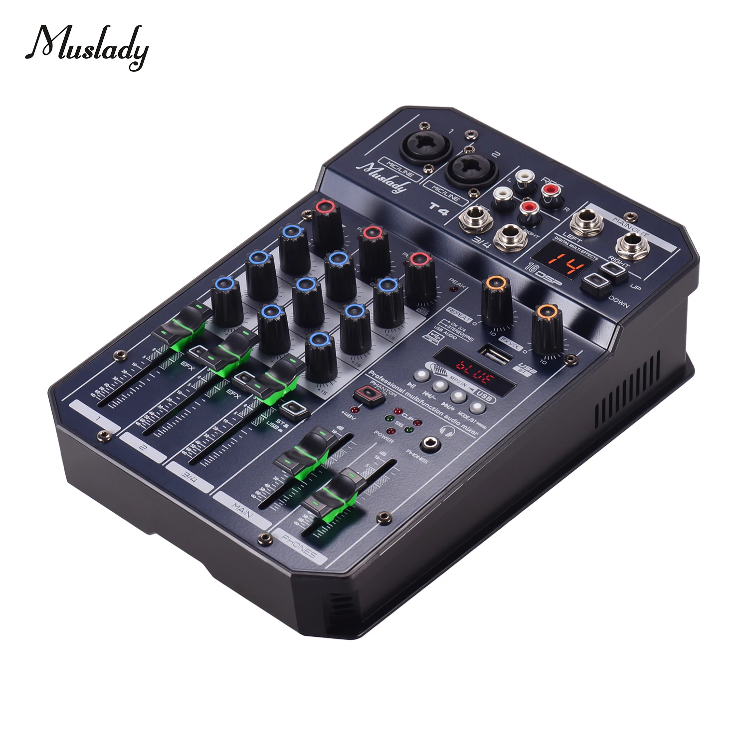 

Muslady T4 Portable 4-Channel Sound Card Mixing Console Audio Mixer Built-in 48V Phantom power BT MP3 Recording DJ Karaoke Live