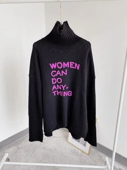 

Women Wool Sweater Black Gray Color Letter Embroidery Turtlenck Long Sleeve New Tops Knitwear Pull For Autumn Winter