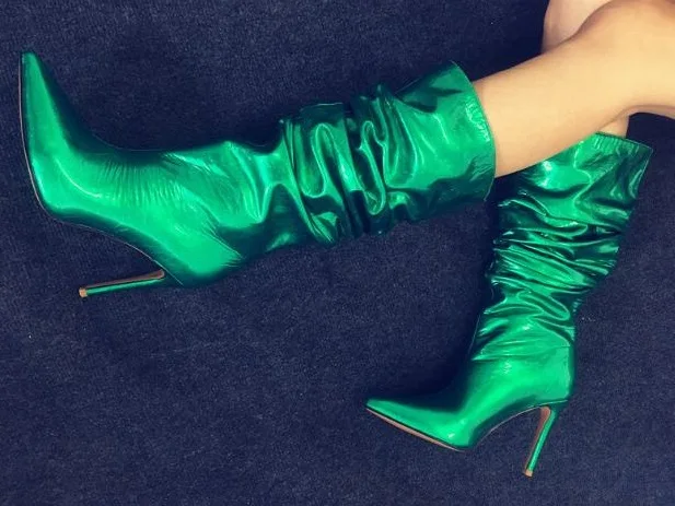 

Woman Hot Pleated Patent Leather Green 10 cm Thin Heels Pointed Toe Slip On Night Club Knee High Long Boots