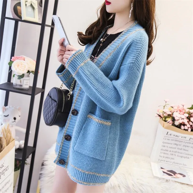 

2019 coat female sweater in the long section of autumn and winter thick Korean version of the loose college style knit cardigan