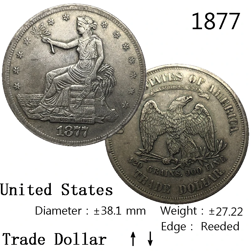 United States Of America 1877 Trade 1 One Dollar US Liberty In God We Trust With Motto 90% Silver Copy Coin Reeded Edge | Дом и сад