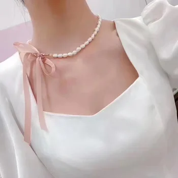 

BaroqueOnly 100% natural freshwater Baroque pearl necklace 9-10mm adjustable length silk ribbon choker free ship NBD