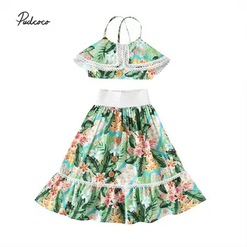 

1-6Y Toddler Baby Girls Clothes Sets Flowers Print Ruffles Sleeveless Lace Vest Tops+Boho Skirts
