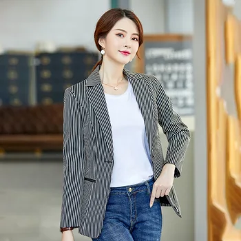 

2019 Pack Seven Points Sleeve Coat Slim Fit Occupation Small Suit Female Vertical Stripes Leisure Suit