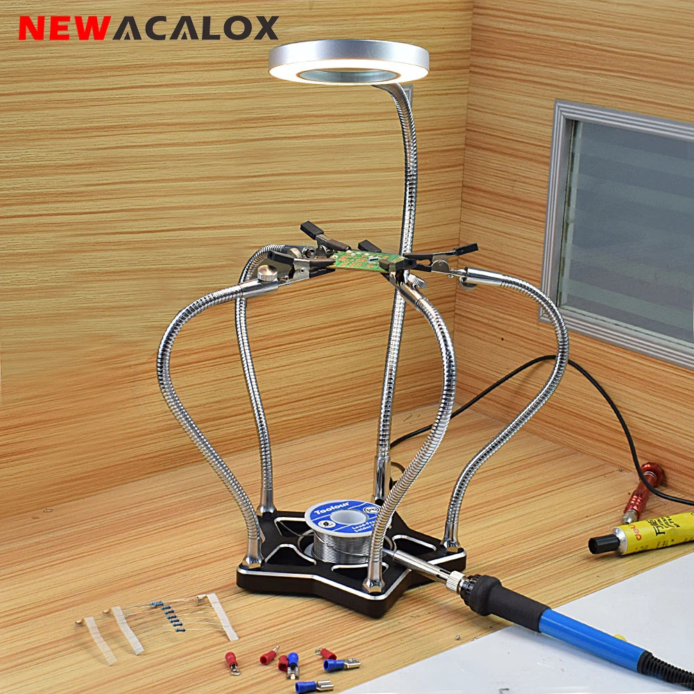 NEWACALOX Soldering Third Hand PCB Holder 5pc Helping Hands Soldering Station 3X LED Magnifier Desk Lamp Repair Welding Tool