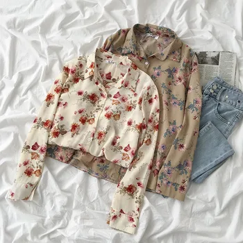 

Flower Irregular Long Sleeve Shirt Spring Long Sleeve Turn-down Collare Chiffon Blouse Femme Blusas Womens Tops And Blouses