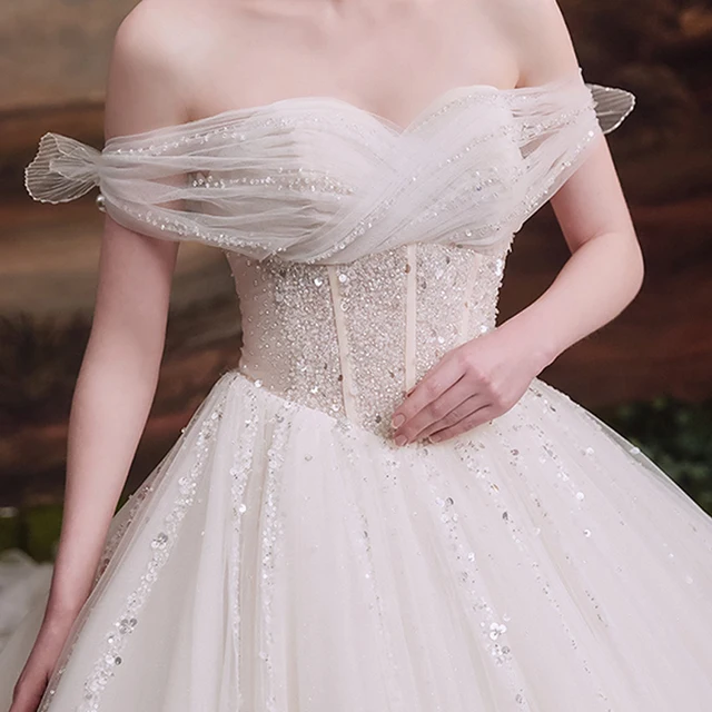 LDR94 Bridal Gown Luxurious Heavy Beaded Sexy Deep-shoulder Sleeves Off-shoulder Long Train Lace Wedding Dress Mor Gelinlik 5