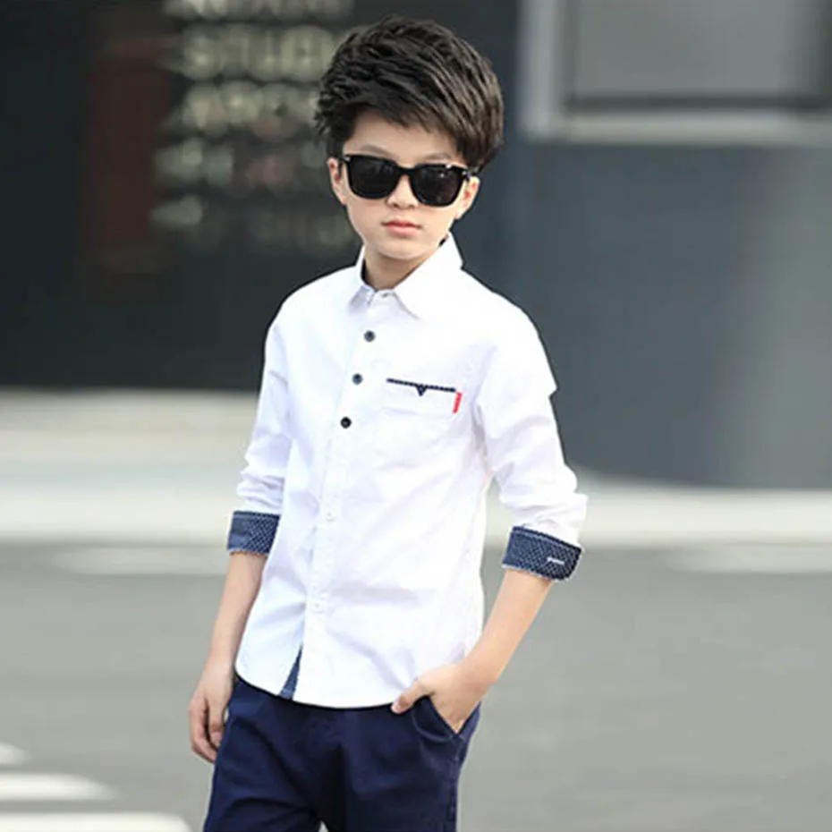 Shirt For Boy Dot Patchwork Boys Shirts Turn Down Collar Kids Blouse For Boys Autumn Korean School Clothes For Boys 6 8 10 12 14 - Цвет: White