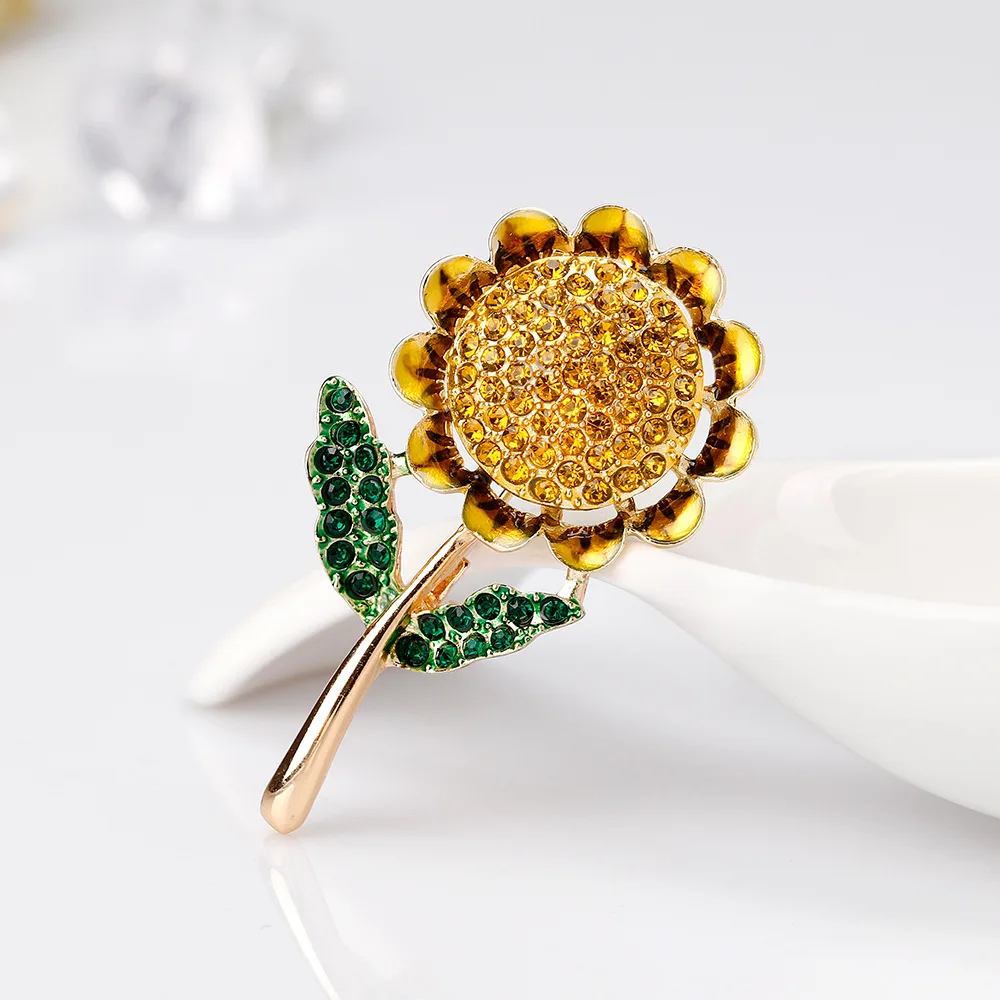 Full Yellow Crystal Sunflower Brooches For Women Men Alloy Yellow Green Enamel Flower Weddings