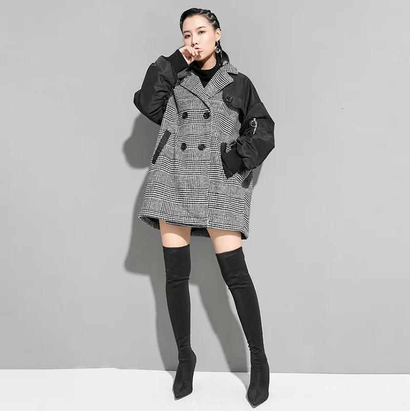 incredible  [EAM] Loose Fit Black Plaid Double Breasted Big Size Jacket New Lapel Long Sleeve Women Coat Fashio