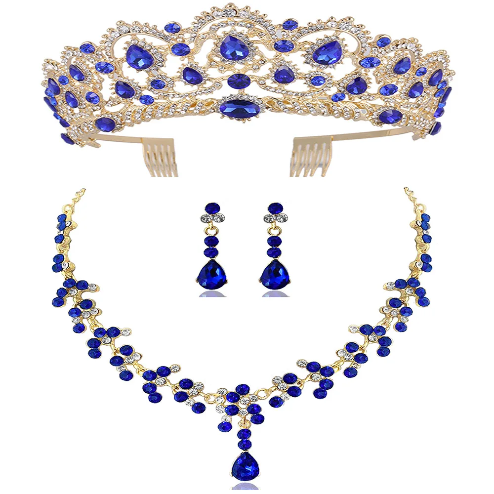 3Pcs Blue Set Барокко Винтаж золото красный зеленый синий кристалл свадебные ювелирные наборы колье ожерелье серьги корона тиара Африканский бисер ювелирные наборы - Окраска металла: 3Pcs Blue Set
