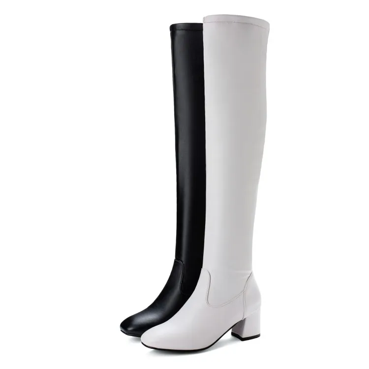Women's Boots Autumn Winter Warm High Heels Square Toe Pu Over The Knee Zip Thick Heel New Sexy Fashion Black White