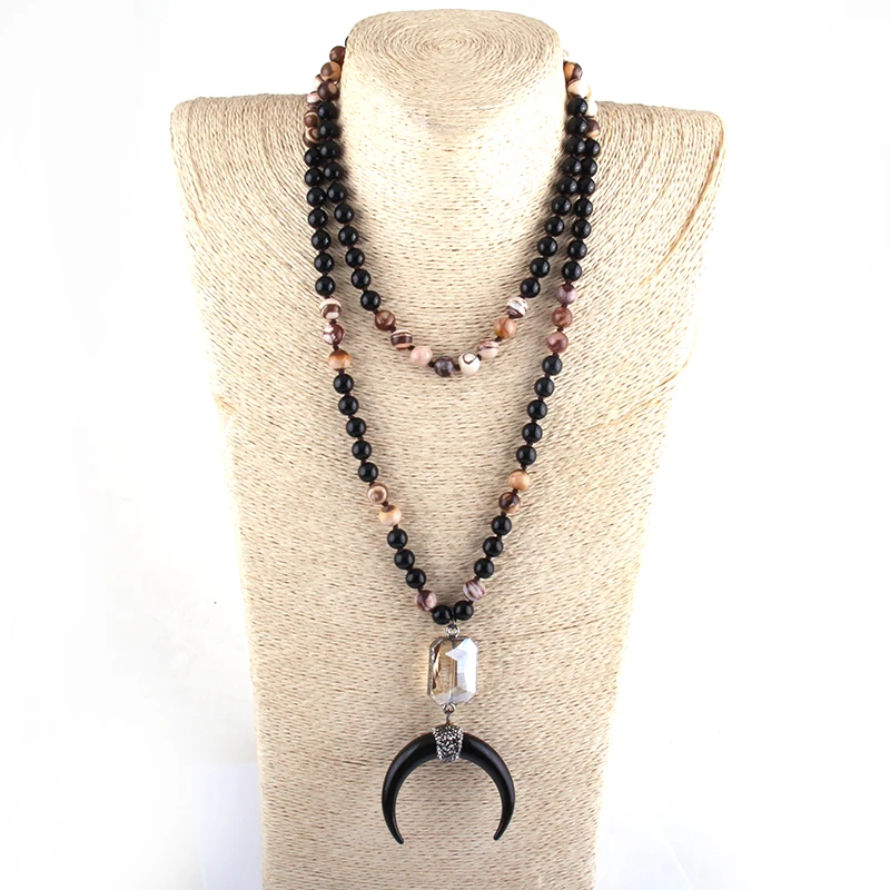 Модное ожерелье 108 с бусинами Mala Black Stone звеньями из кристаллов черным полумесяцем