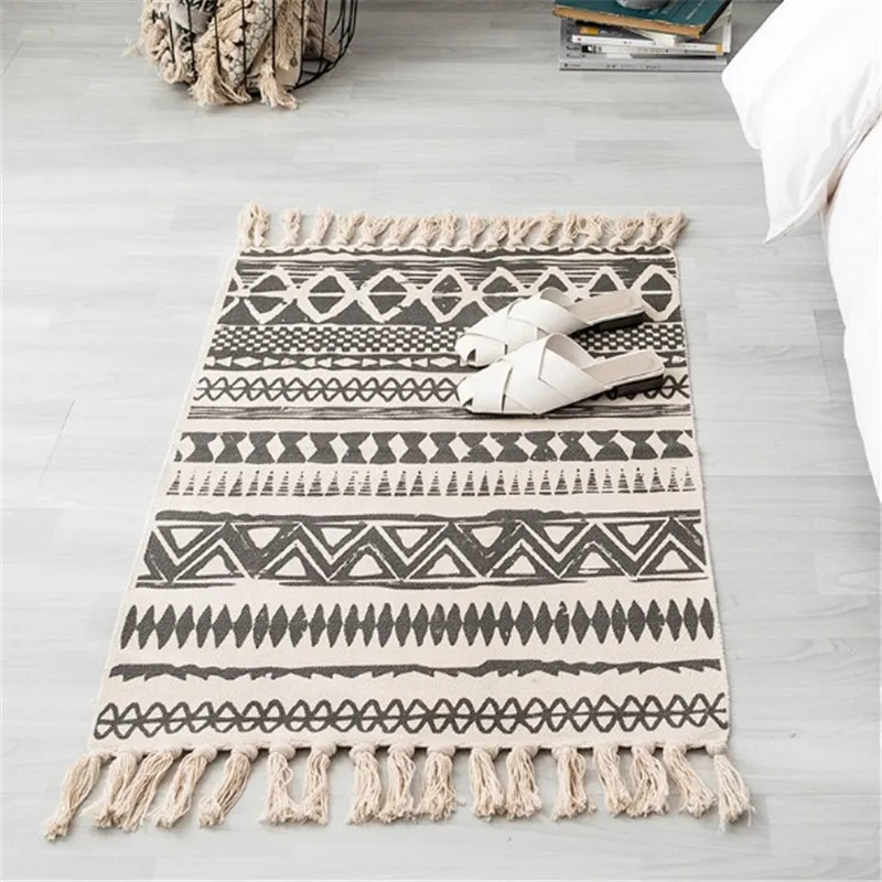 Cotton Tassel Carpet Bedroom Living Woven Linen Rug Tapestry Floor Mats
