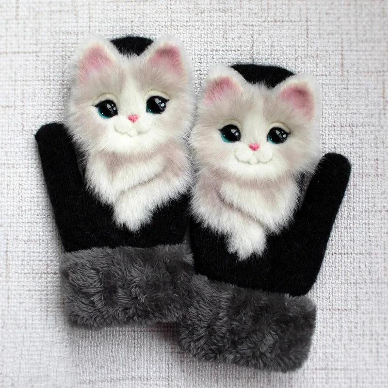 

New Fashion Women Men Winter Knit Gloves Cute 3D Fluffy Cartoon Animal Decor Thickened Plush Lining Thermal Warm Mittens