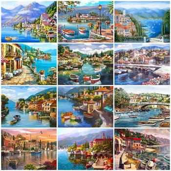 

HUACAN Painting By Numbers Scenery Kits Drawing Canvas HandPainted Coloring Seaside City Pictures Home Decoration Art Gift