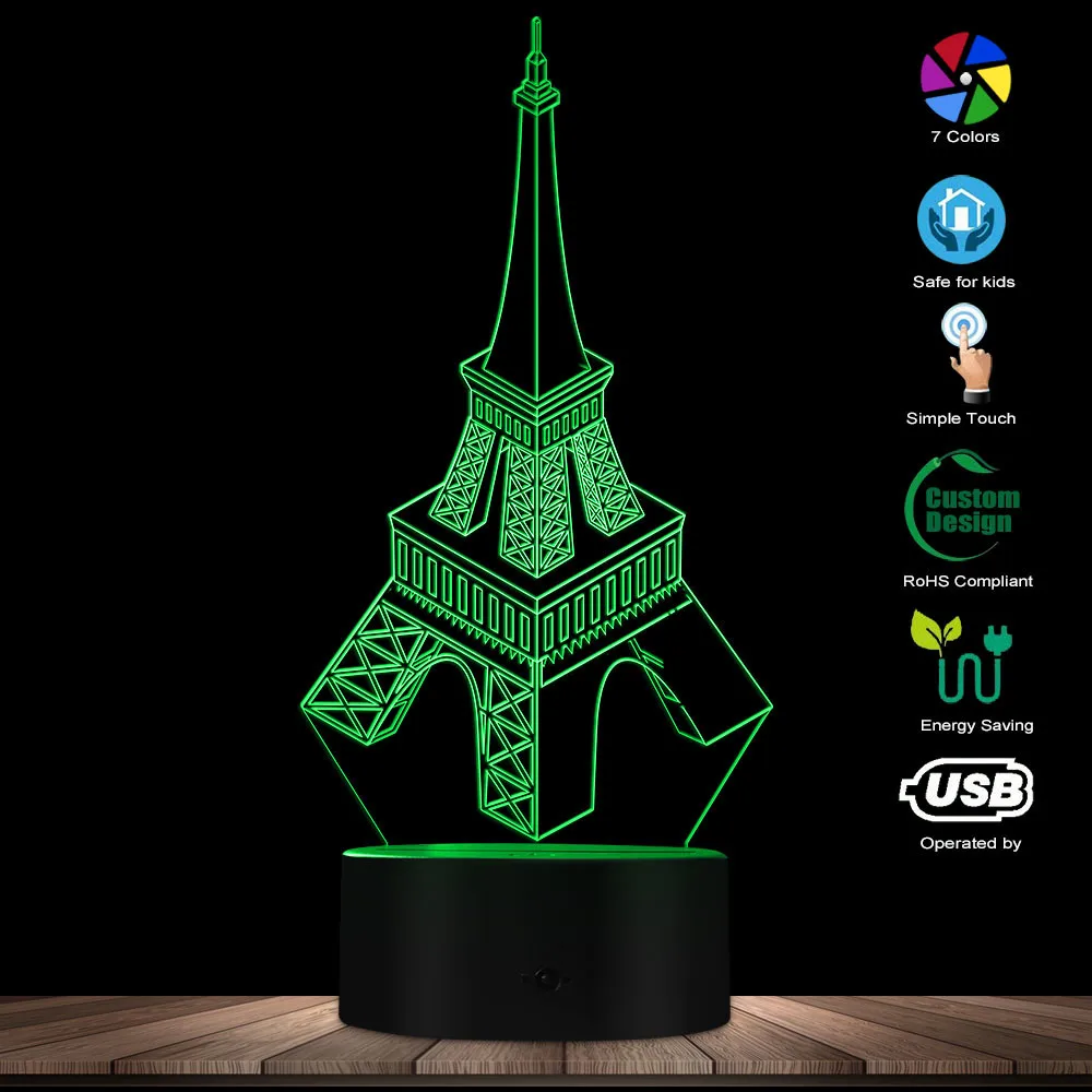 Эйфелева башня всемирно известные ориентиры 3D Оптическая иллюзия светильник Париж Франция Путешествия Сувенир строительство Новинка настольная ночник