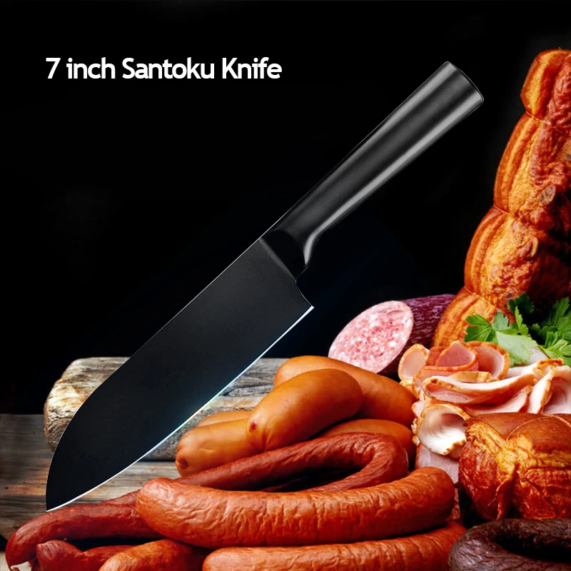 XYJ набор кухонных ножей японский " Santoku 5" Универсальный 6," нож шеф-повара Держатель ножей из нержавеющей стали черное лезвие инструменты для приготовления пищи