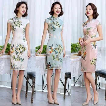 

Chinese Women Pink Flower Wedding Qipao Vintage Mandarin Collar Cotton Mini Cheongsam Plus Size Short Sleeve Evening Dress M-3XL
