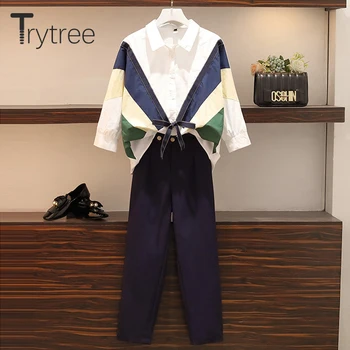 

Trytree 2020 Autumn Winter Two piece set Casual Turn-down Collar Single Breasted Bow Top + Pants Button Office Lady 2 Piece Set