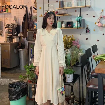 

Yocalor Vintage France Lace Dress Midi Side Buttons Long Sleeve Doll Collar Slim Elegant Kawaii Robe Vestido