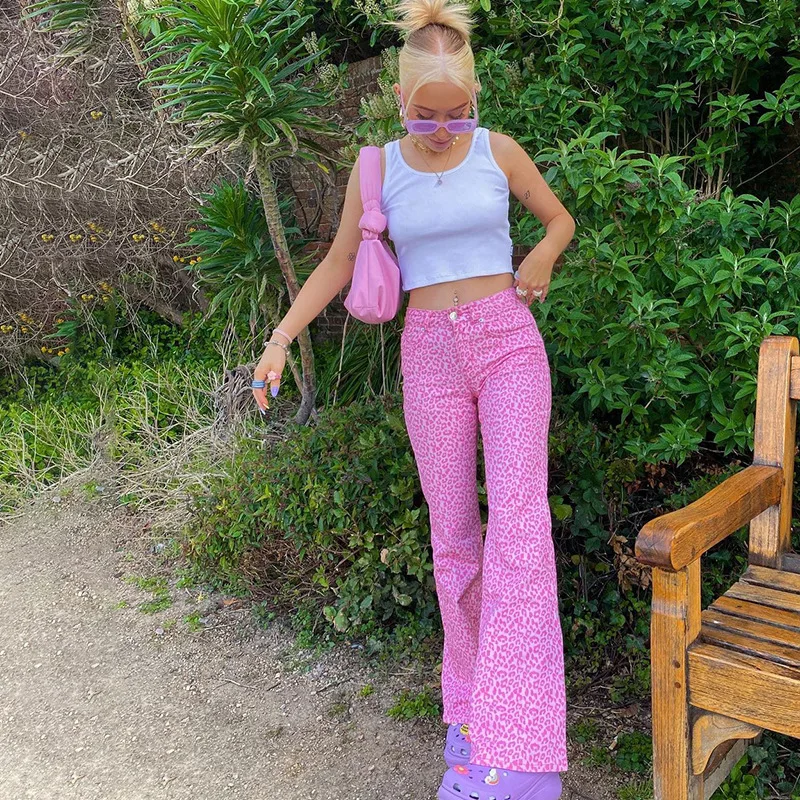 Lordlds Woman Denim Pants Pink Leopard 