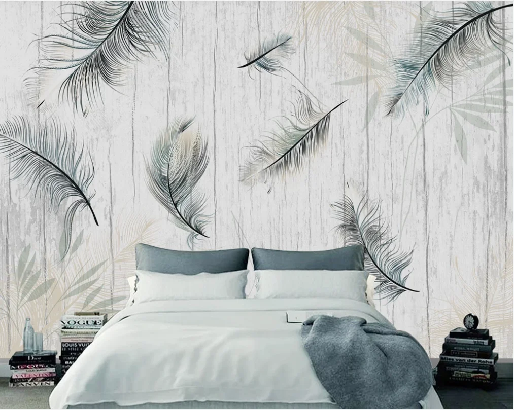 Customized wallpaper Nordic plant leaf feather modern minimalist wooden board wood grain TV background wall-waterproof material