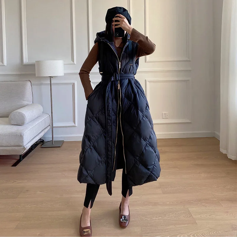 Luxury Women\'s Sleeveless Down Vest With belt Winter Warm Zipper Hooded Long Down jacket Fashion Outerwear Lady INKEO 1O338