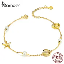Bamoer vacances d'été étoile de mer avec perle coquille chaîne Bracelet pour les femmes couleur or 925 en argent Sterling bijoux de mode BSB025