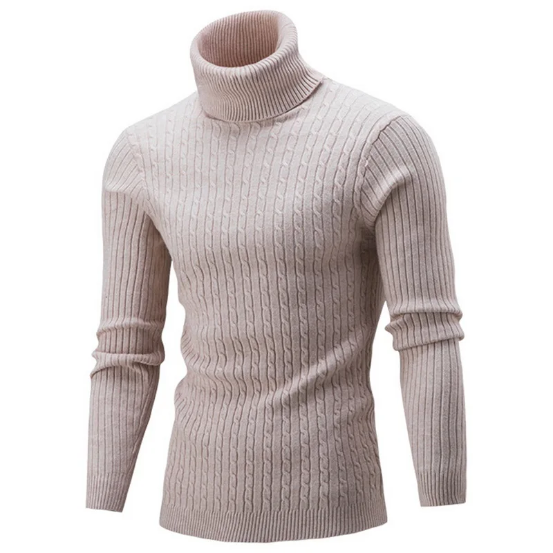 Мужской модный осенний зимний теплый свитер с высоким воротом, приталенный базовый однотонный вязаный свитер, повседневный мужской пуловер с двойным воротником - Цвет: Beige 2