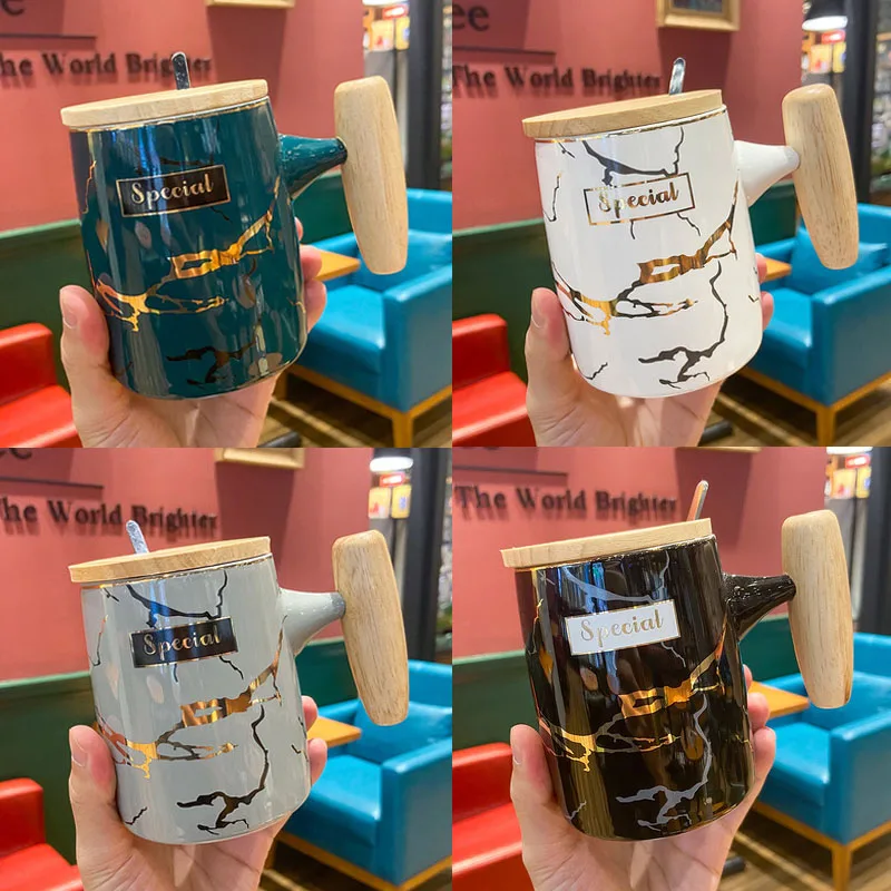 

410ml Nordic Style Ceramic Marble Tea Coffee Cups With Wood Lid and Handle Luxury Gold Inlay Gift Mug for Men and Women