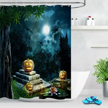 

Halloween Pumpkin Ghost Castle Shower Curtain Set Bathroom Fabric Bath Curtains