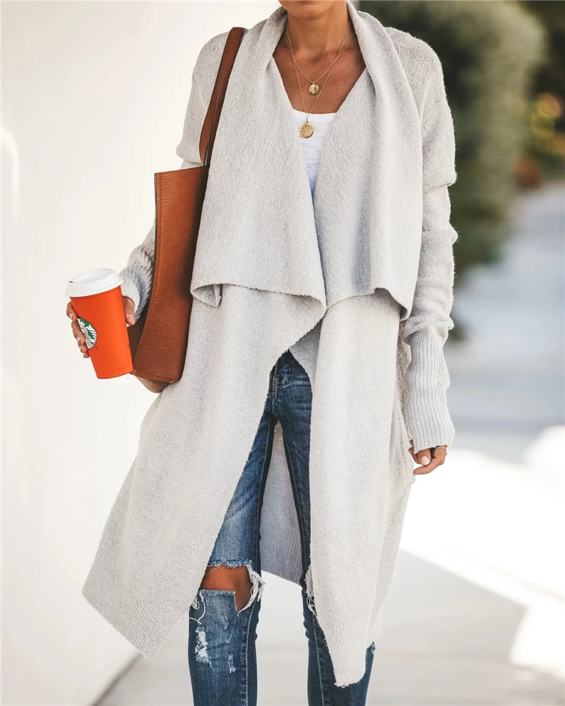 

Fashion Womenâ€™s Open Front Cardigan, Long Sleeves Wide Lapel Solid Color Draped Coats with Pockets Autumn Clothes Wholesale